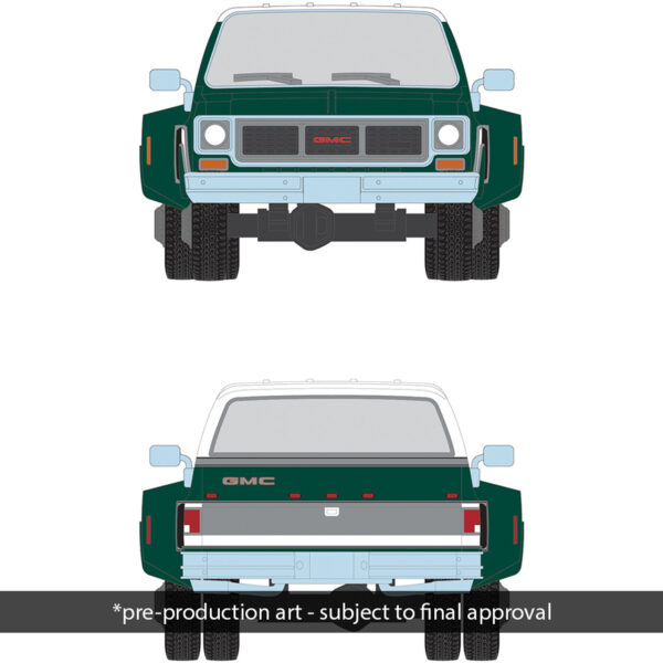 1:64 Scale 1973 GMC Sierra Grande 3500 Crew Cab Dually - Glenwood Green and Frost White